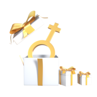 3d representación blanco dorado regalos y abierto regalo con dorado hembra símbolo para De las mujeres día png