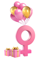 3d tolkning kvinna symbol, gåvor och ballonger för kvinnors dag png