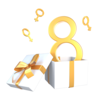 3d Renderização aberto presente com dourado número oito com fêmea símbolos para mulheres dia png