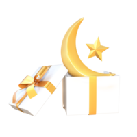 3d rendering open gift with golden crescent moon and star png