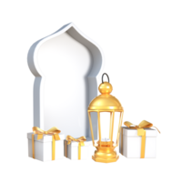 3d representación regalos y dorado linterna con islam decoración png