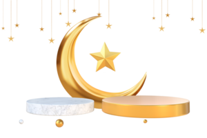 3d rendering golden crescent moon with Islamic decoration podiums for product placement png