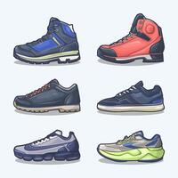 conjunto colección de zapato dibujos animados icono, vector concepto plano diseño. vector ilustración zapatillas en plano estilo. vector zapatilla de deporte Zapatos lado vista.