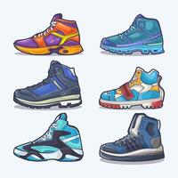 conjunto colección de zapato dibujos animados icono, vector concepto plano diseño. vector ilustración zapatillas en plano estilo. vector zapatilla de deporte Zapatos lado vista.