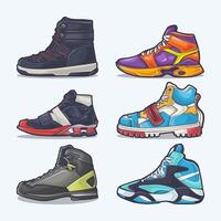 conjunto colección de zapato dibujos animados icono, vector concepto plano diseño. vector ilustración zapatillas en plano estilo. vector zapatilla de deporte Zapatos lado vista.