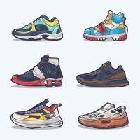 conjunto colección de zapato dibujos animados icono, vector concepto plano diseño. vector ilustración zapatillas en plano estilo. vector zapatilla de deporte Zapatos lado vista.