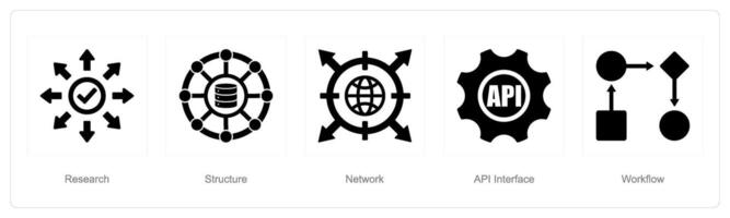 A set of 5 Data analysis icons as research, structure, network vector