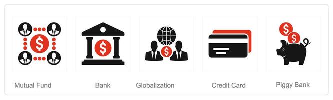 un conjunto de 5 5 Finanzas íconos como mutuo fondos, banco, globalización vector