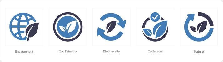 A set of 5 ecology icons as environment, eco friendly, biodiversity vector