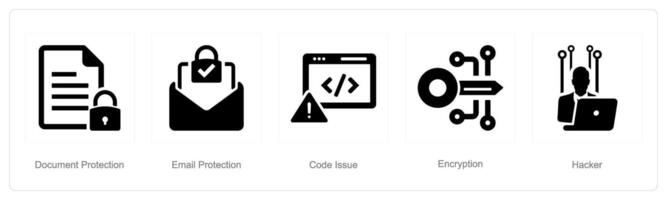 A set of 5 Cyber Security icons as document protection, email protection, code issue vector