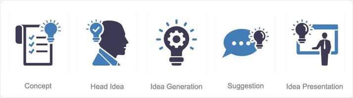 A set of 5 Idea icons as concept, head idea, idea generation vector