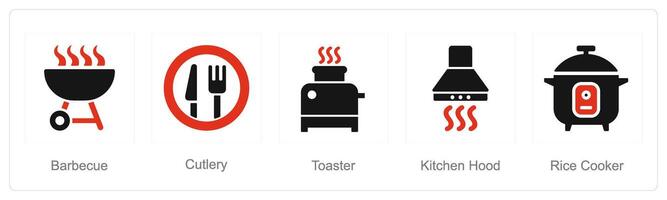 A set of 5 Home Appliance icons as barbecue, cutlery, toaster vector