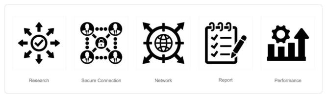 A set of 5 Data analysis icons as research, secure connection, network vector