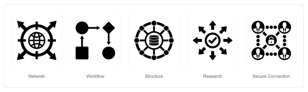 A set of 5 Data analysis icons as network, workflow, structure vector