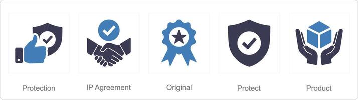 A set of 5 Intellectual Property icons as protection, ip agreement, original vector