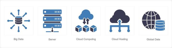 A set of 5 Data analysis icons as big data, server, cloud computing vector