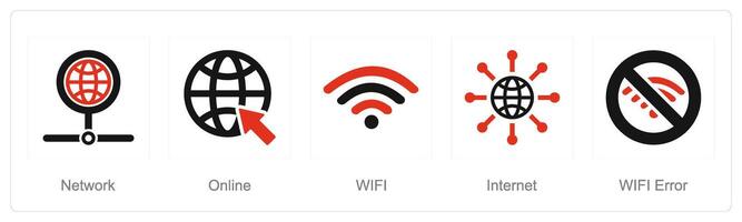 A set of 5 Internet Computer icons as online, wifi, internet, wifi error vector