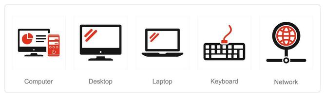 A set of 5 Internet Computer icons as computer, desktop, laptop vector