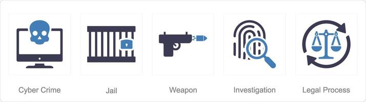 A set of 5 Justice icons as cyber crime, jail, weapon vector