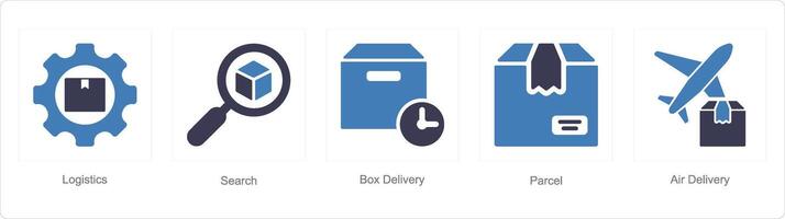 A set of 5 delivery icons as logistics, search, box delivery vector