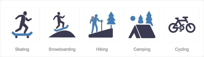 A set of 5 Hobby icons as skating, snowboarding, hiking vector