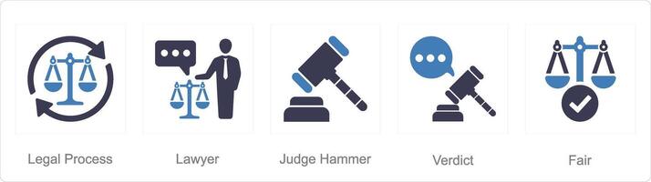 A set of 5 Justice icons as legal process, lawyer, judge hammer vector