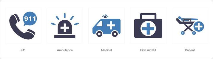 A set of 5 Emergency icons as 911, ambulance, medical vector