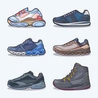 conjunto colección de zapato dibujos animados icono, vector concepto plano diseño. vector ilustración zapatillas en plano estilo. vector zapatilla de deporte Zapatos lado vista.