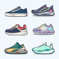 conjunto colección de zapato dibujos animados icono, vector concepto plano diseño. vector ilustración zapatillas en plano estilo. vector zapatilla de deporte Zapatos lado vista.