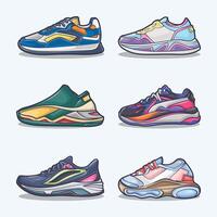 conjunto colección de zapato dibujos animados icono, vector concepto plano diseño. vector ilustración zapatillas en plano estilo. vector zapatilla de deporte Zapatos lado vista.