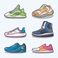 conjunto colección de zapato dibujos animados icono, vector concepto plano diseño. vector ilustración zapatillas en plano estilo. vector zapatilla de deporte Zapatos lado vista.