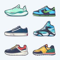 conjunto colección de zapato dibujos animados icono, vector concepto plano diseño. vector ilustración zapatillas en plano estilo. vector zapatilla de deporte Zapatos lado vista.