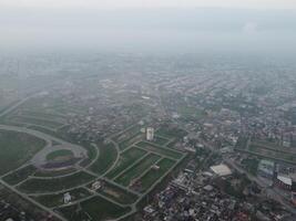 Aerial view of city with drone. photo