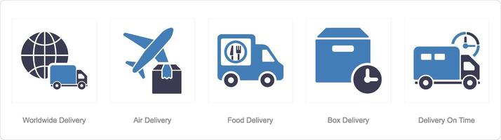 A set of 5 delivery icons as worldwide delivery, air delivery, food delivery vector