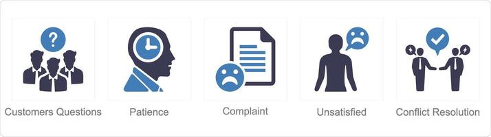 A set of 5 Customer service icons as customer questions, patience, complaint vector