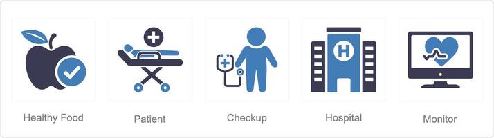 A set of 5 Health Checkup icons as healthy food, patient, checkup vector