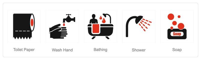 A set of 5 Hygiene icons as toilet paper, wash hand, bathing vector