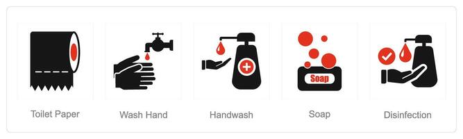 A set of 5 Hygiene icons as toilet paper, wash hand, hand wash vector
