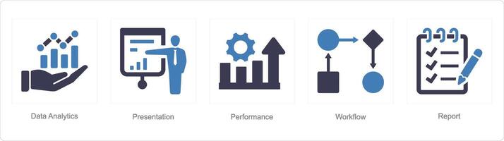 A set of 5 Data analysis icons as data analytics, presentation, performance vector