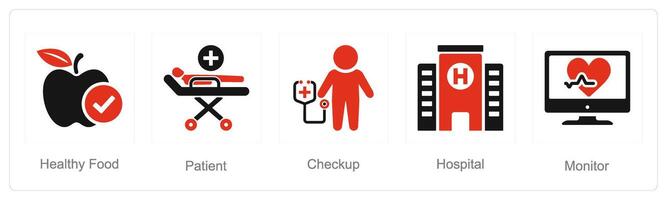 A set of 5 Health Checkup icons as healthy food, patient, checkup vector