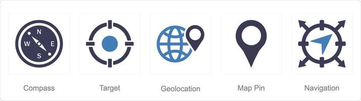 A set of 5 Location icons as compass, target, geo location vector