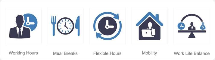 A set of 5 Employee Benefits icons as working hours, meal breaks, flexible hours vector