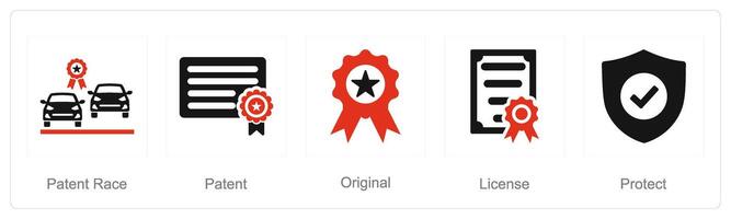 A set of 5 Intellectual Property icons as patent race, patent, original vector