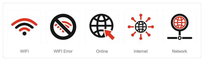 A set of 5 Internet Computer icons as wifi, wifi error, online vector