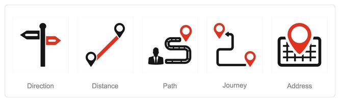 A set of 5 Location icons as direction, distance, path vector