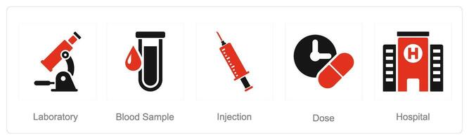 A set of 5 Health Checkup icons as laboratory, blood sample, injection vector