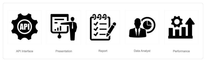 A set of 5 Data analysis icons as api interface, presentation, report vector