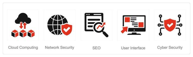 A set of 5 Hard Skills icons as cloud computing, network security, seo vector