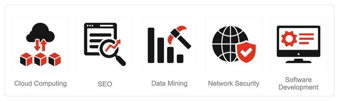 A set of 5 Hard Skills icons as cloud computing, seo, data mining vector