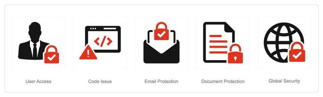 A set of 5 Cyber Security icons as user access, code issue, email protection vector